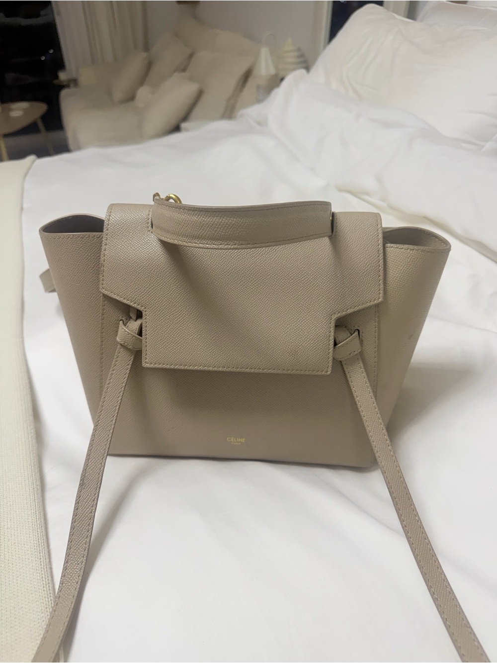 CELINE Belt Bag Taupe Textured Leather Top Handle Shoulder Bag